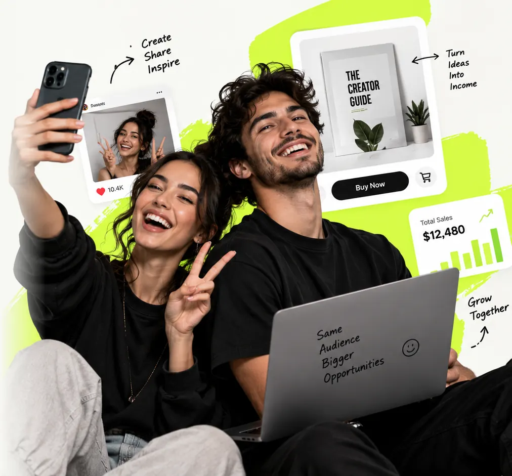 Two creators laughing together — one filming on her phone, one on a laptop — surrounded by a creator guide, a shop checkout, and a sales chart
